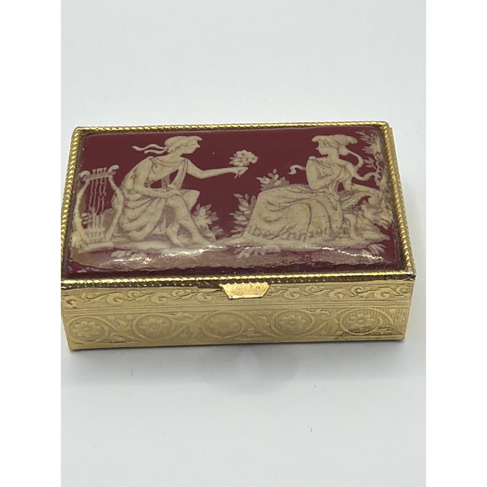 Vintage Gold Tone Classical Cameo Trinket Box Red Enamel Engraved Jewelry Case